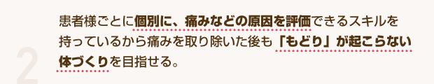 2 患者様ごとに個別に、痛みなどの原因を評価できるスキルを持っているから痛みを取り除いた後も「もどり」がおこらない体づくりを目指せる。